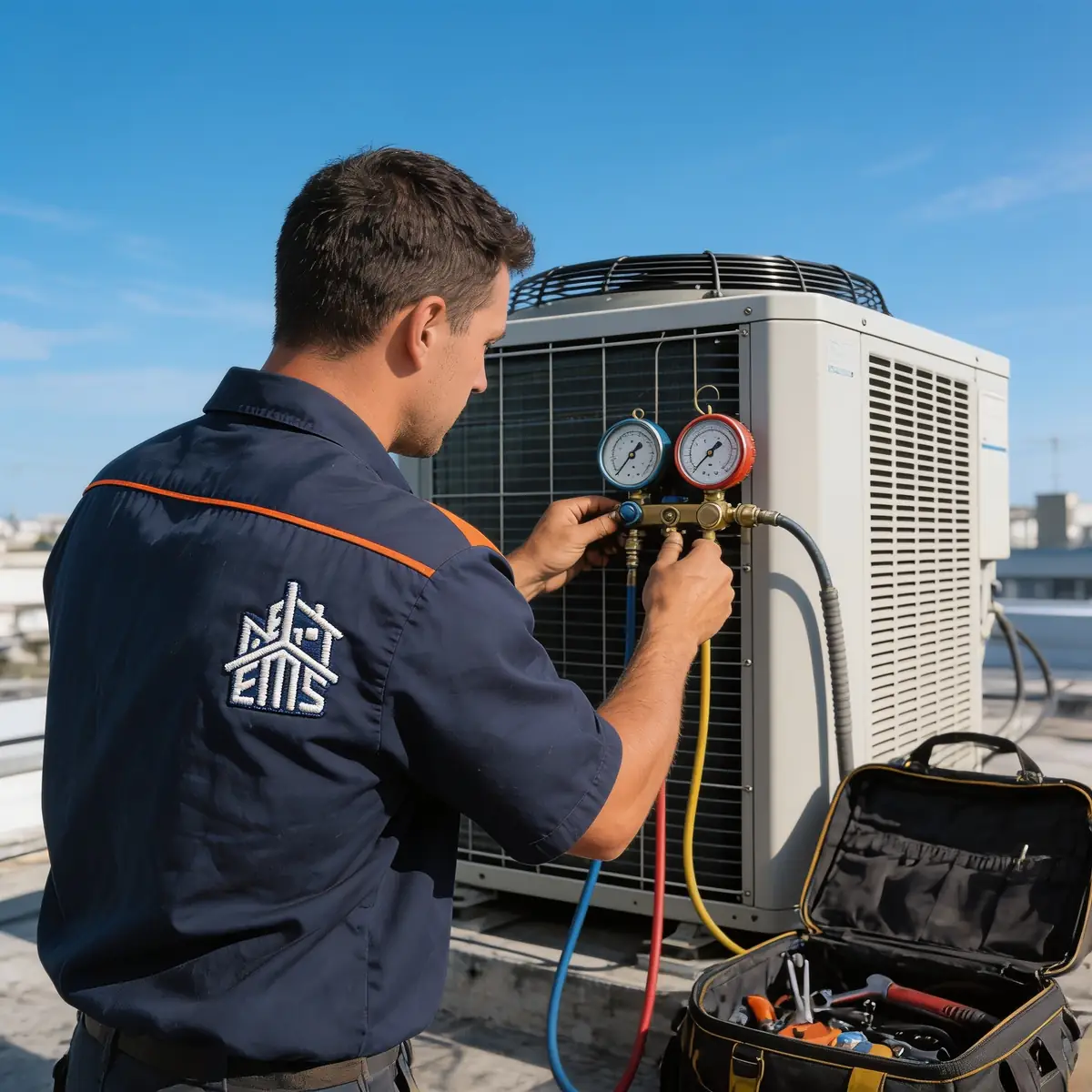 An EMS technician checking an air conditioner with refrigerant gauges