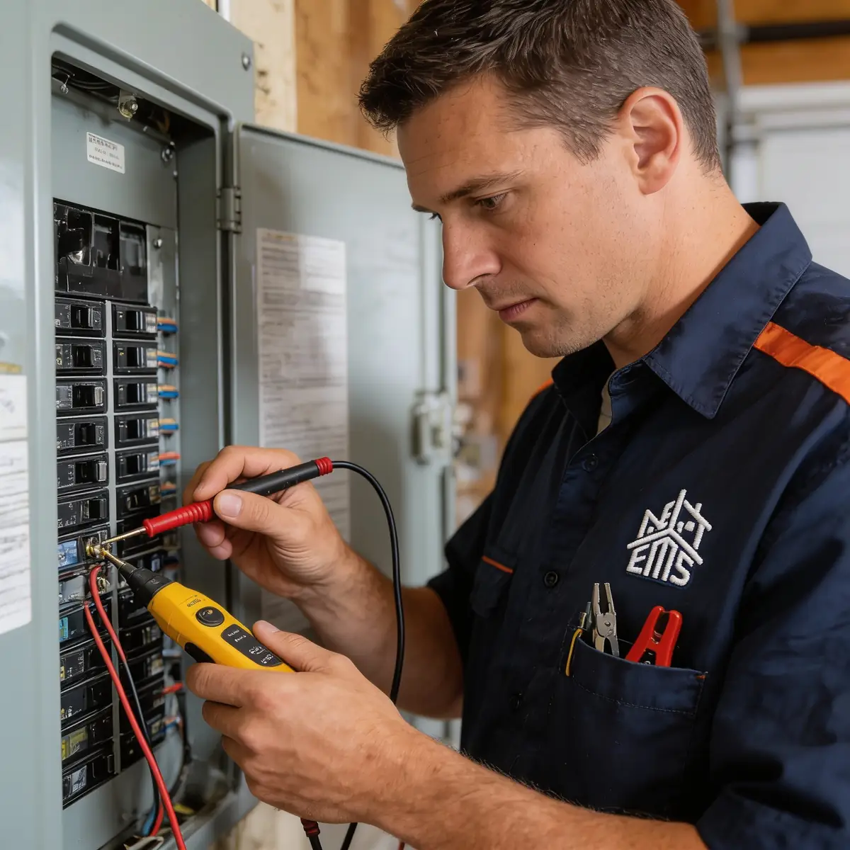 An EMS electrician testing a breaker panel