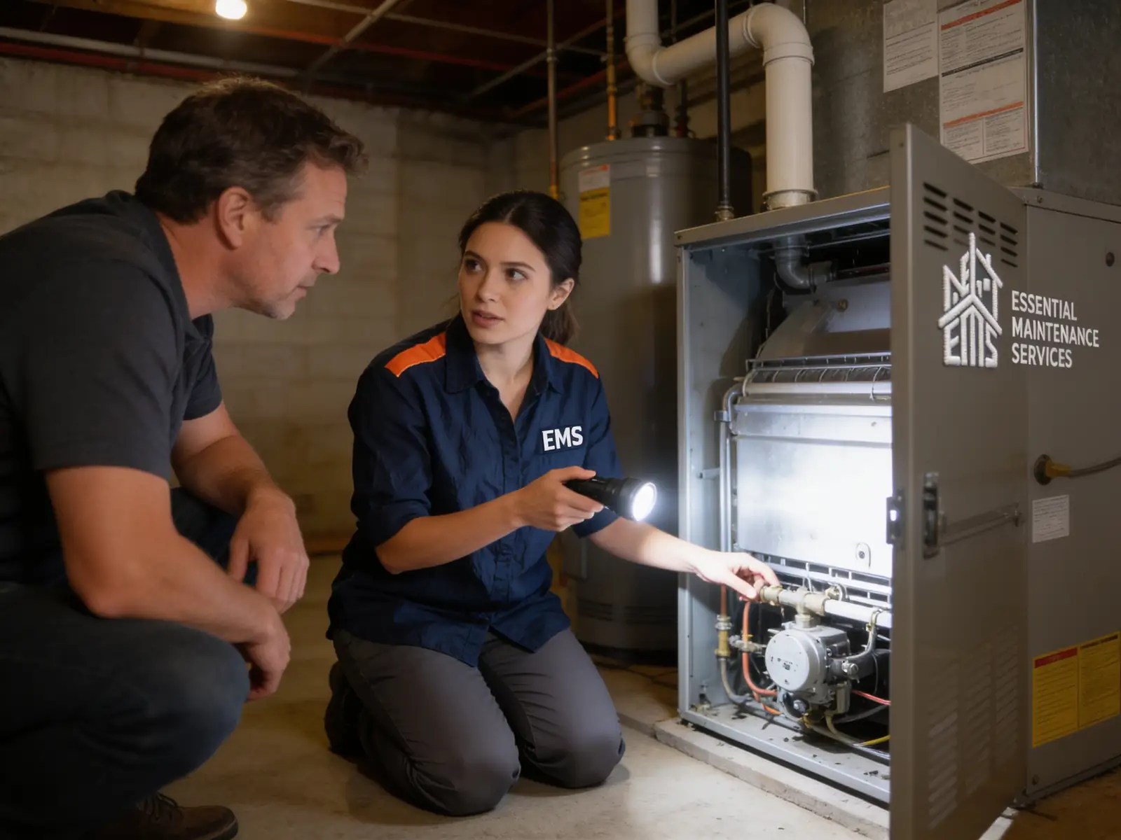 Two EMS technicians inspecting a furnace