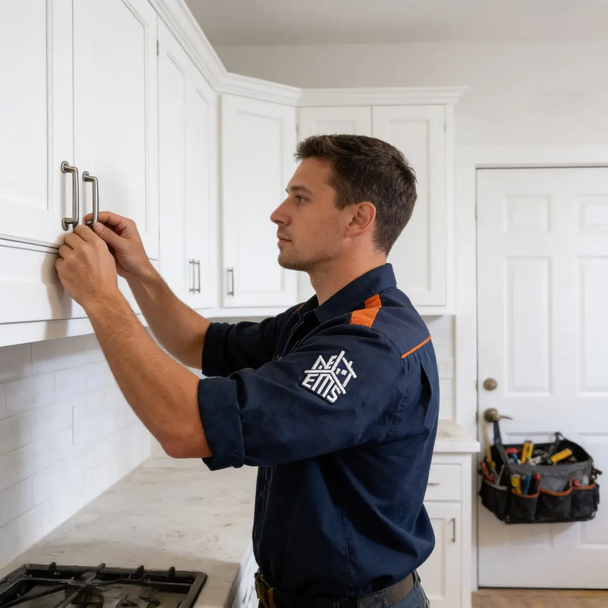 An EMS technician adjusting a kitchen cabinet door