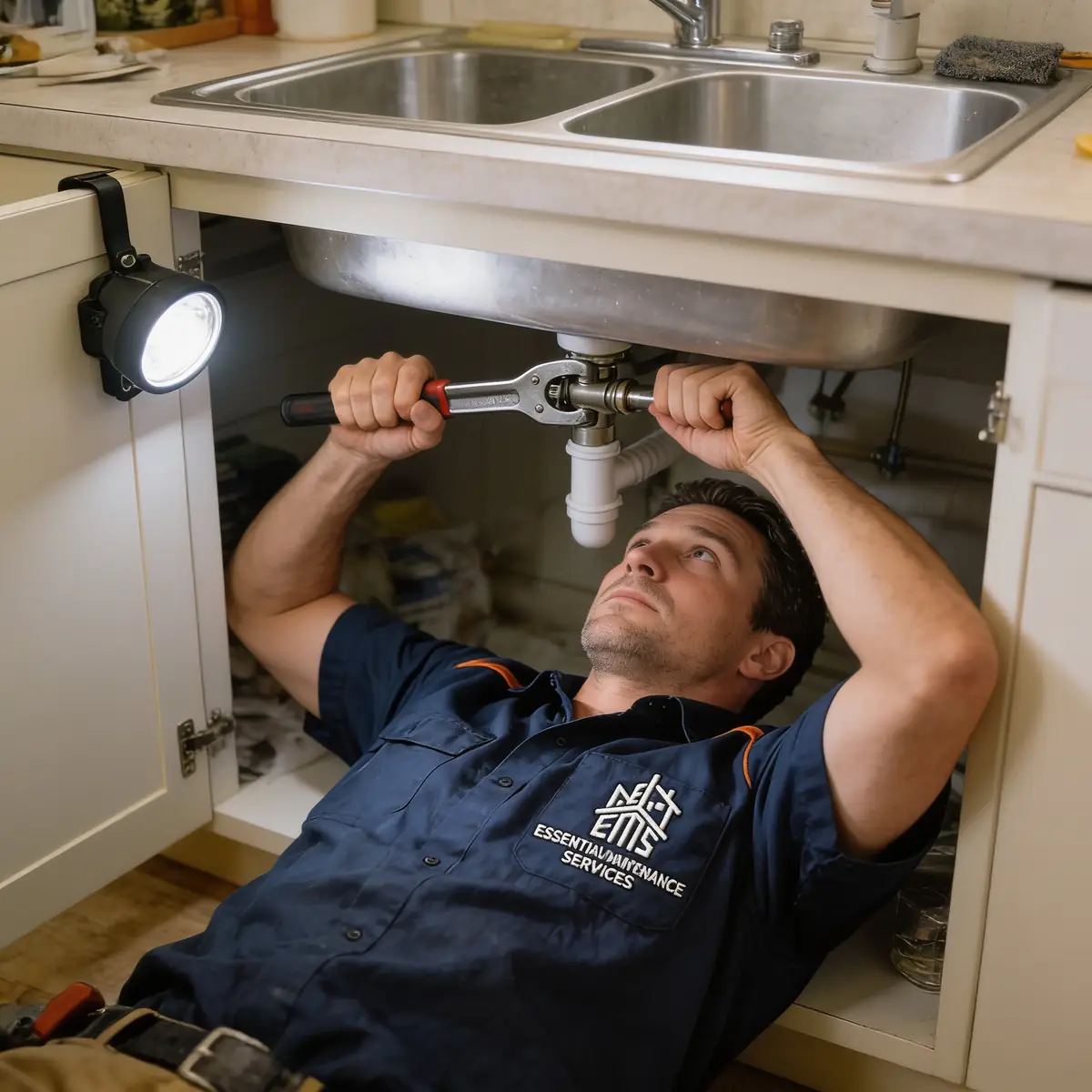 An EMS plumber working under a kitchen sink