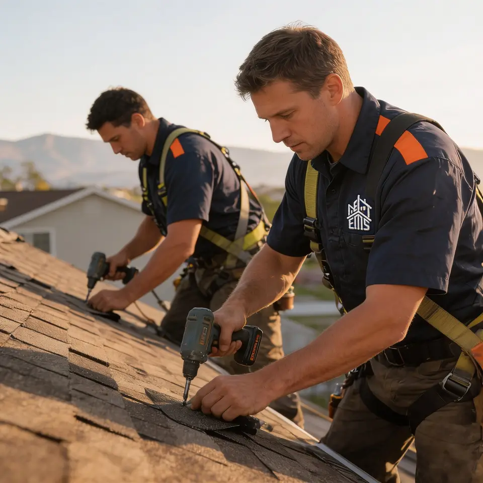 EMS roofers installing shingles