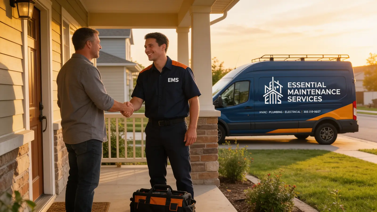An EMS technician shaking hands with a homeowner at the front door