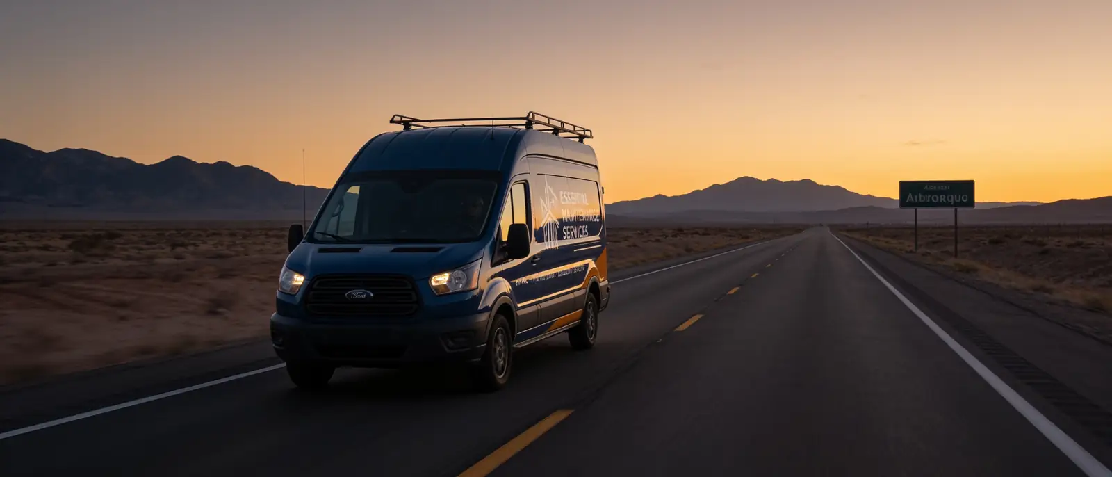 An EMS service van on the road at dusk