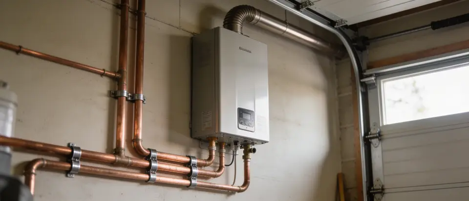 A tankless water heater installed in a garage